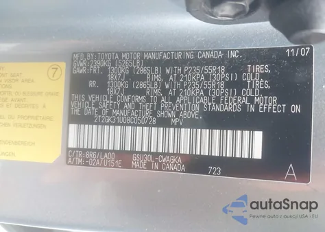 2008 Lexus Rx 350 z USA, uszkodzony, nr VIN 2T2GK31U08C050728